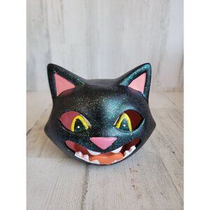 Vintage ceramic black cat face tea light holder candle Halloween